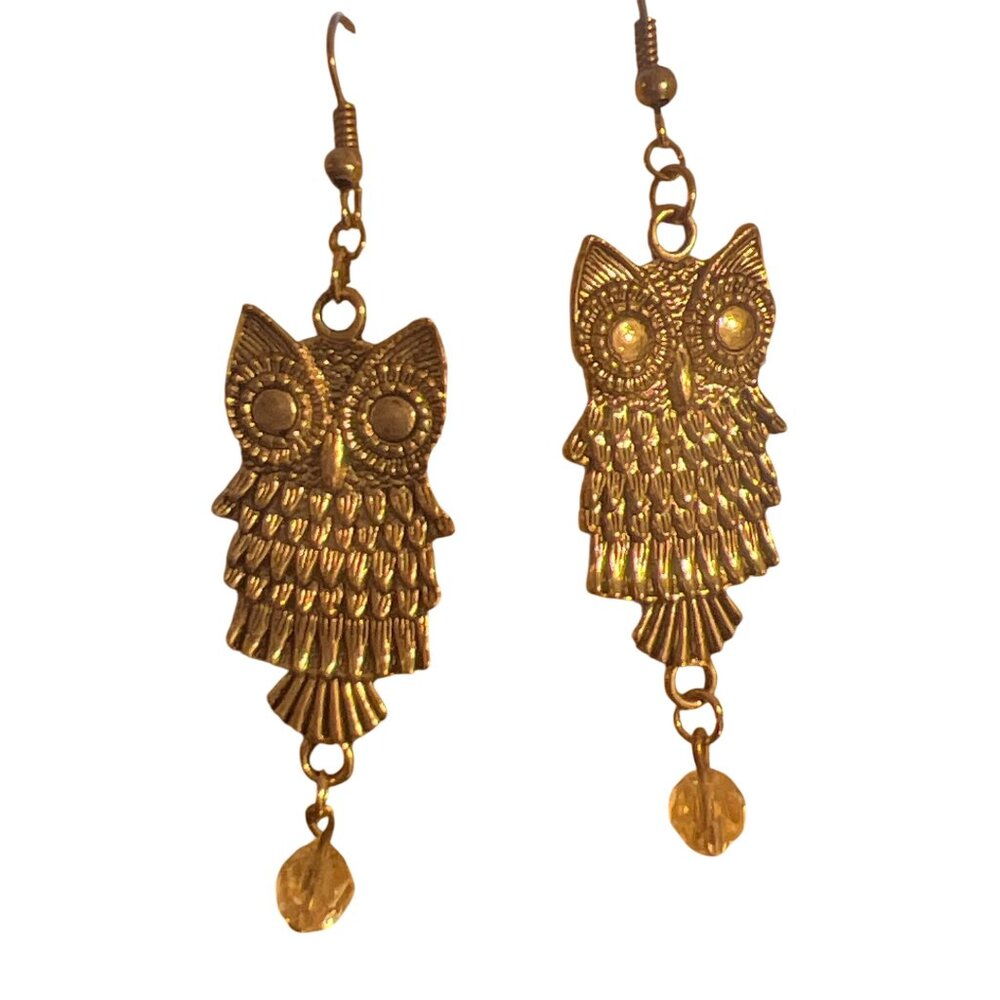 Vintage Silver Tone Owl Dangle Earrings Hook Clear Faceted Bead Bird Estate 2.5"